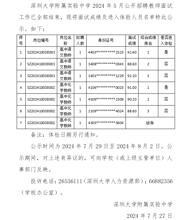 深圳大学附属实验中学2024年5月公开招聘教师面试成绩及体检人选公示