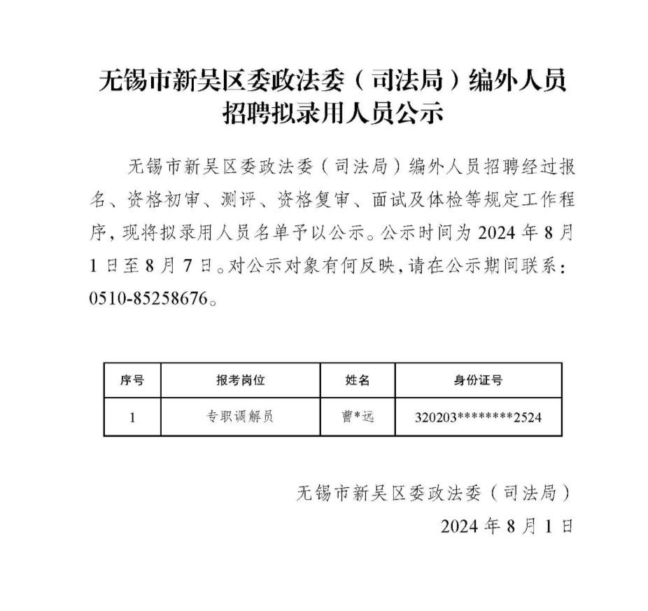 无锡市新吴区委政法委(司法局)编外人员招聘拟录用人员公示