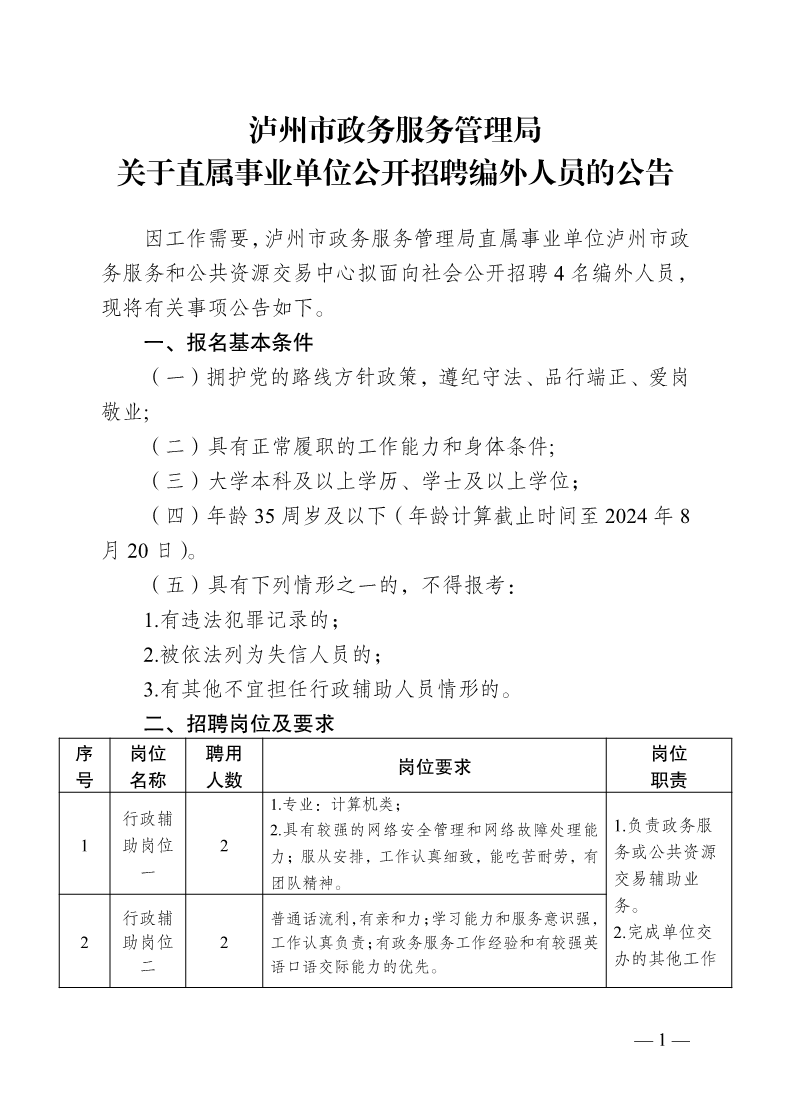 泸州市政务服务管理局关于直属事业单位公开招聘编外人员的公告