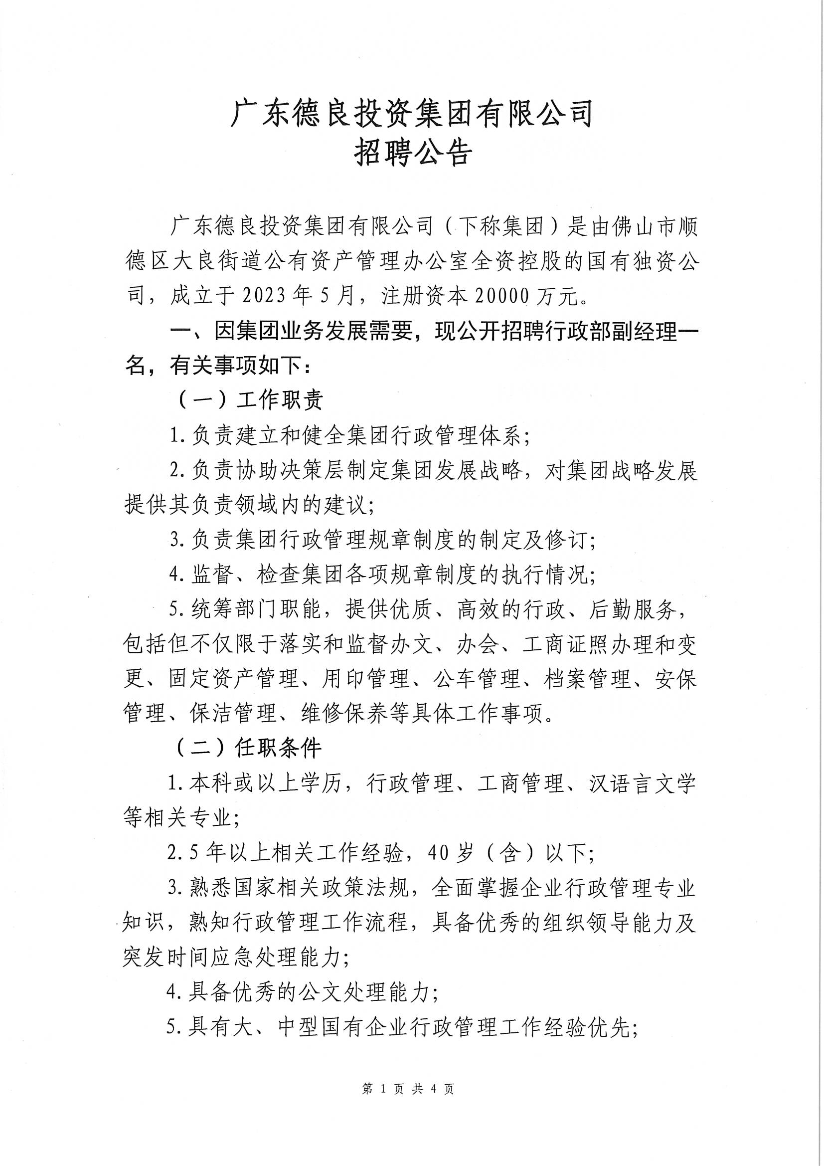 广东德良投资集团有限公司招聘公告