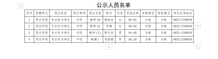 枣庄学院(人才工作处)2024年公开招聘中高级岗位工作人员公示名单(10)