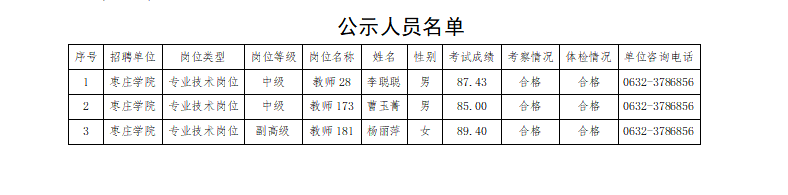 枣庄学院(人才工作处)2024年公开招聘中高级岗位工作人员公示名单(17-1)