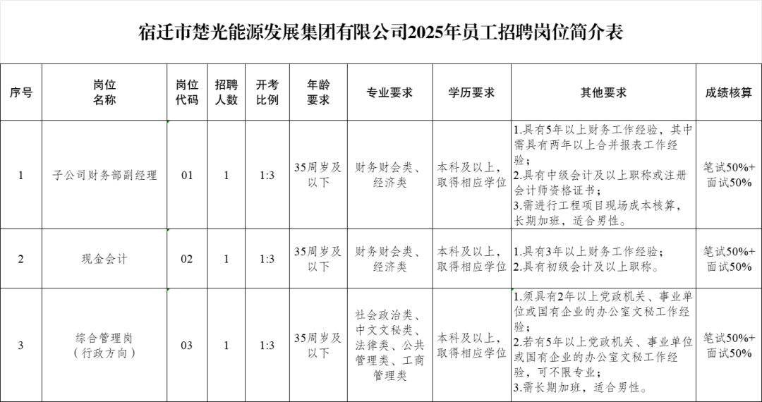 宿迁市楚光能源发展集团有限公司2025年员工招聘简章