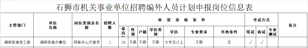 石狮市人民政府湖滨街道办事处2025年公开招聘编外工作人员公告