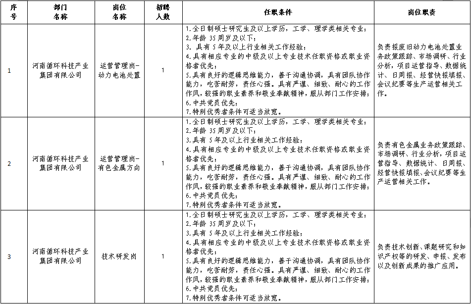 河南循环科技产业集团有限公司2025年社会招聘公告