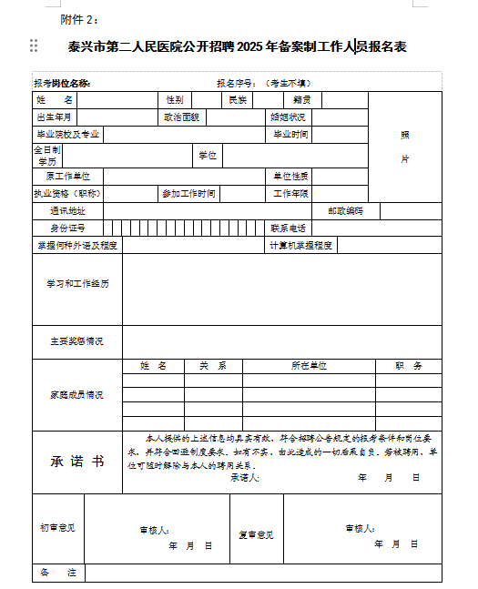 泰兴市第二人民医院2025年公开招聘备案制卫生专业技术人员公告