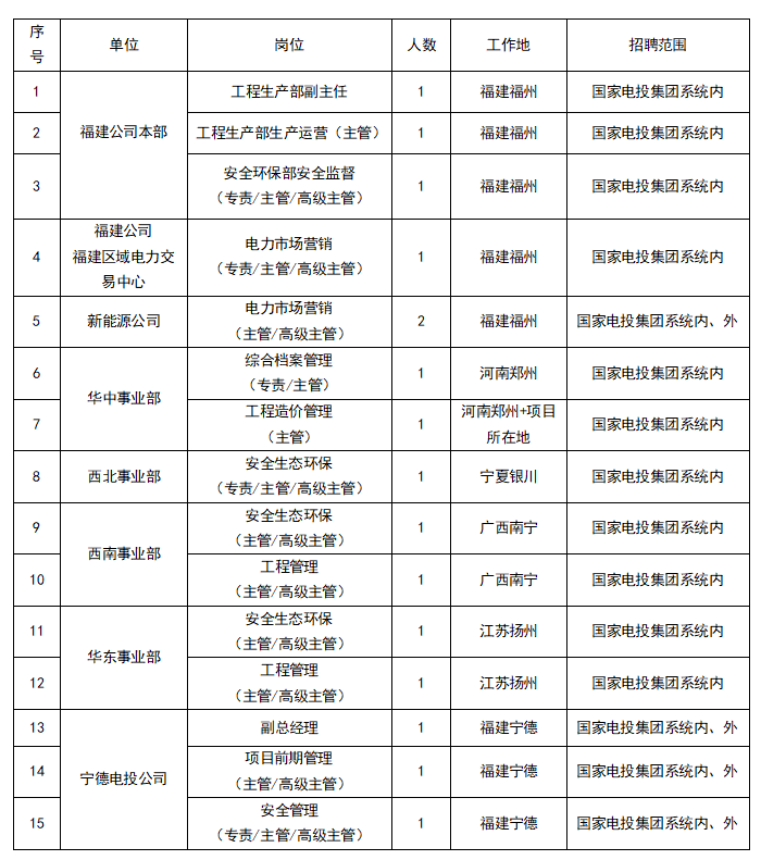 国家电投集团福建公司招聘公告