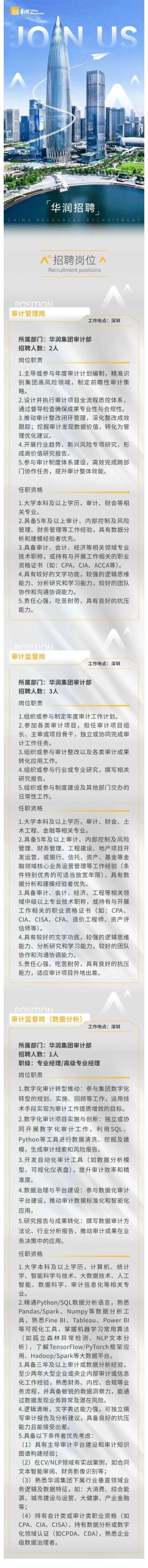 华润集团审计部审计管理/审计监督/审计监督（数据分析）岗公开招聘