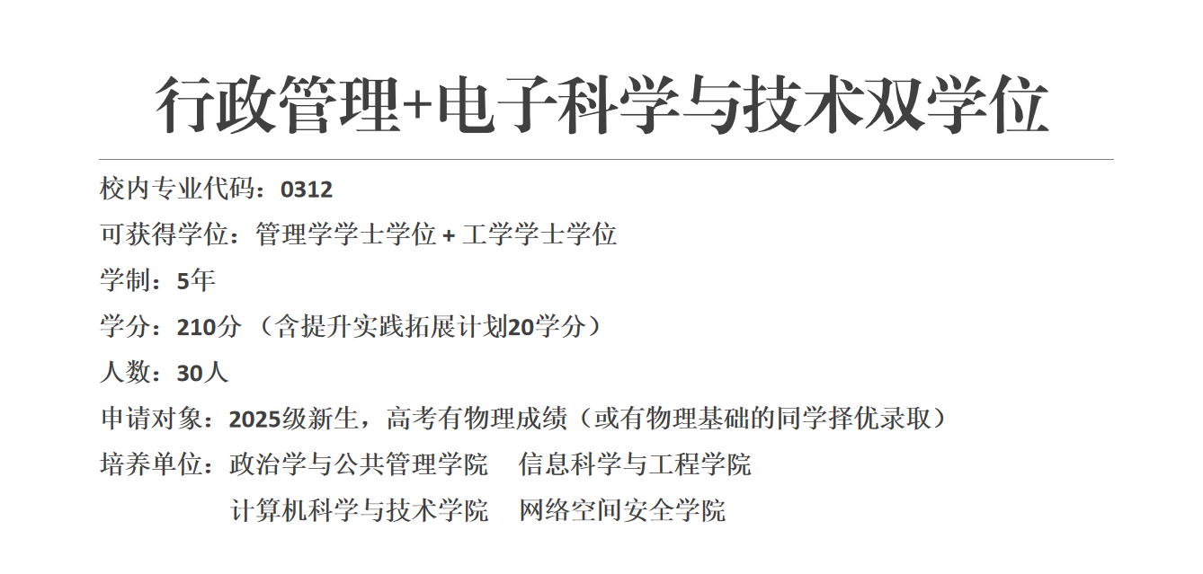 山东大学政治学与公共管理学院2025“行政管理+电子科学与技术双学位”选拔公告