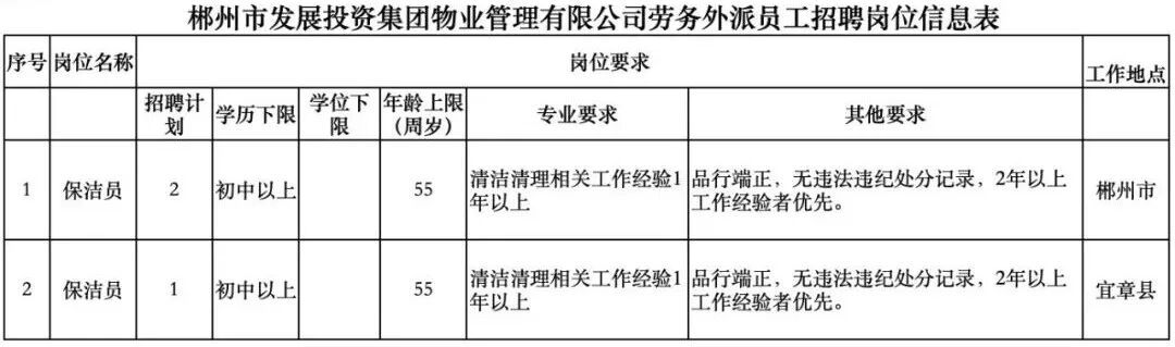 郴州市发展投资集团物业管理有限公司劳务派遣制员工招聘公告