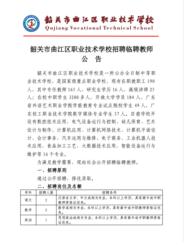韶关市曲江区职业技术学校招聘临聘教师公告