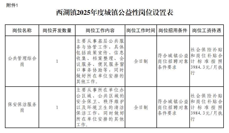 西湖镇2025年度城乡公益性岗位招聘公告