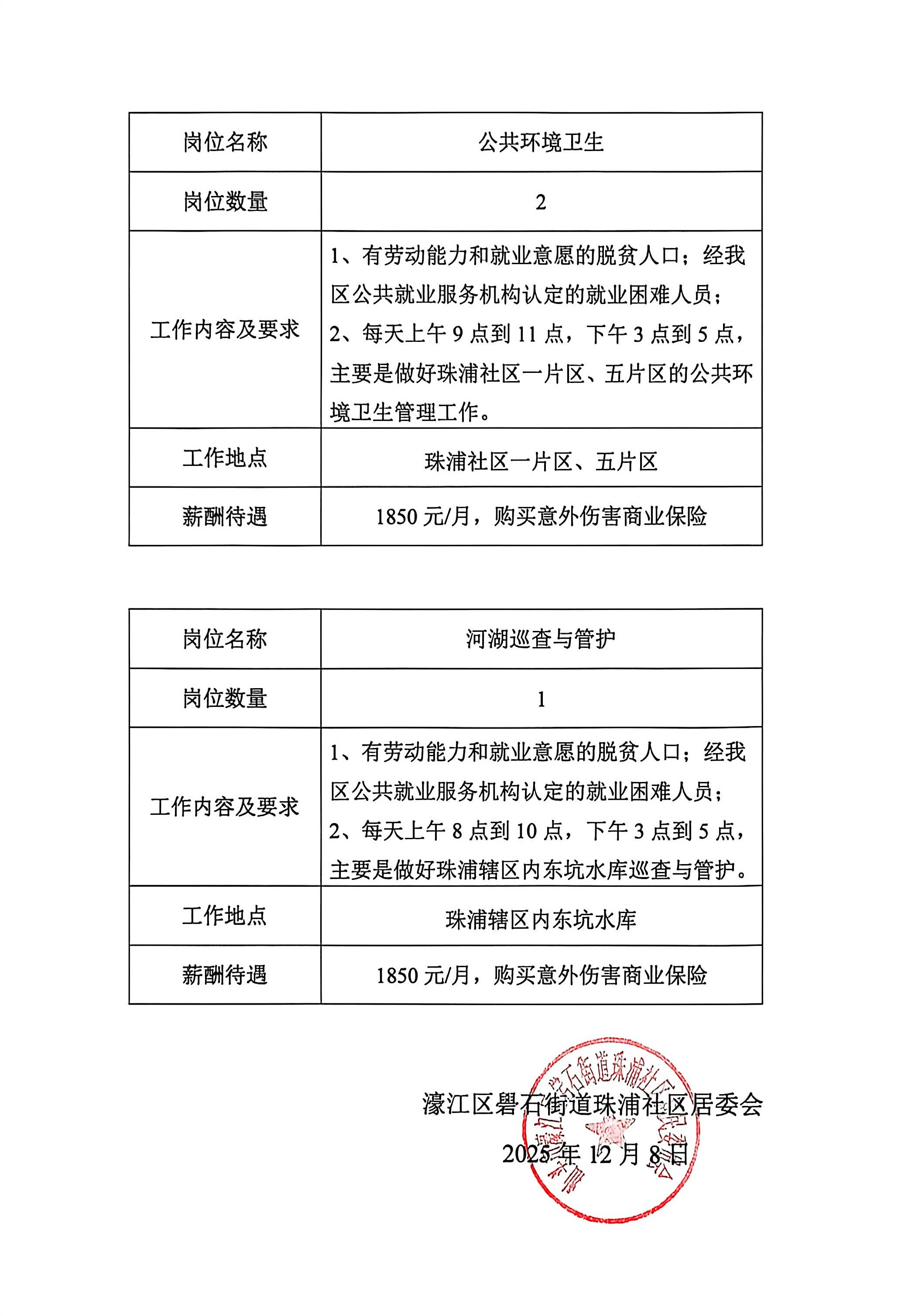 汕头市濠江区礐石街道珠浦社区居民委员会《公益性岗位招聘公告》